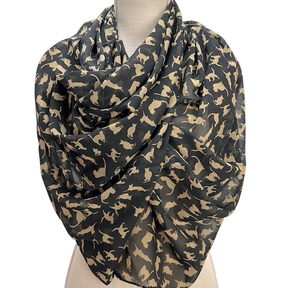 Oker All Over Cat Silhouette Print Shawl Scarf Black and Beige Lightweight Sheer
